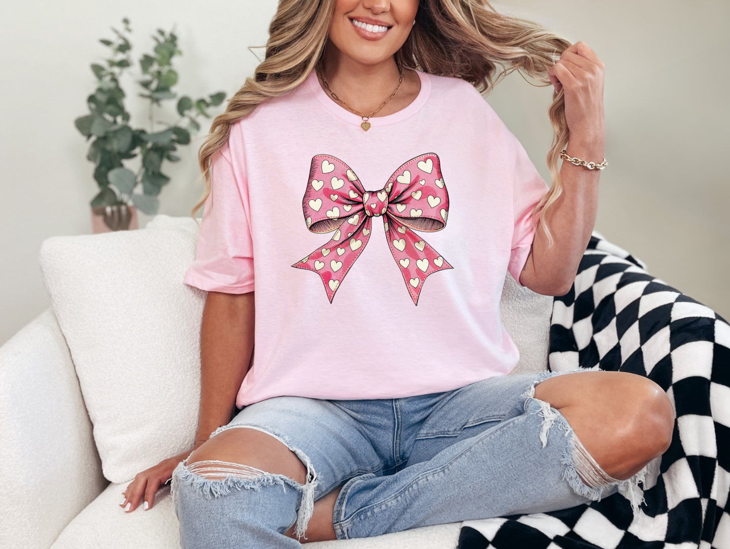 Pink Bow Valentines Day Graphic Tee